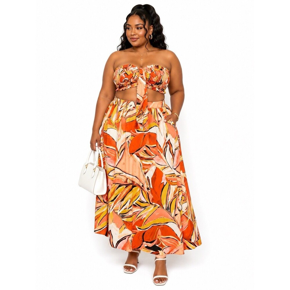 Jolie & Joy 1X 2pc Strapless Smocked Top & Maxi Skirt Set Abstract Orange